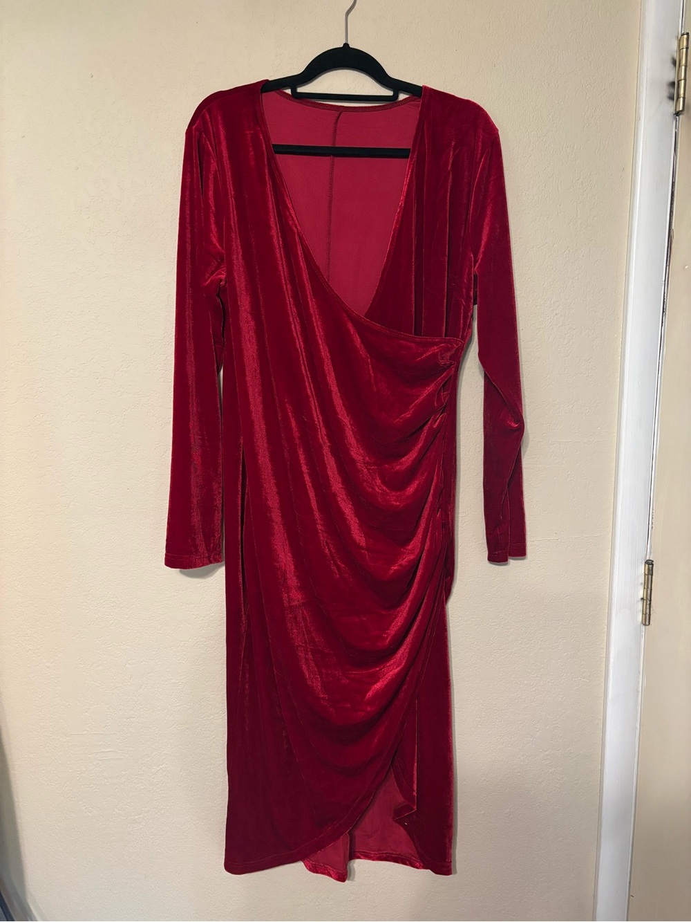 Red Velvet Wrap-Style Long Sleeve Dress